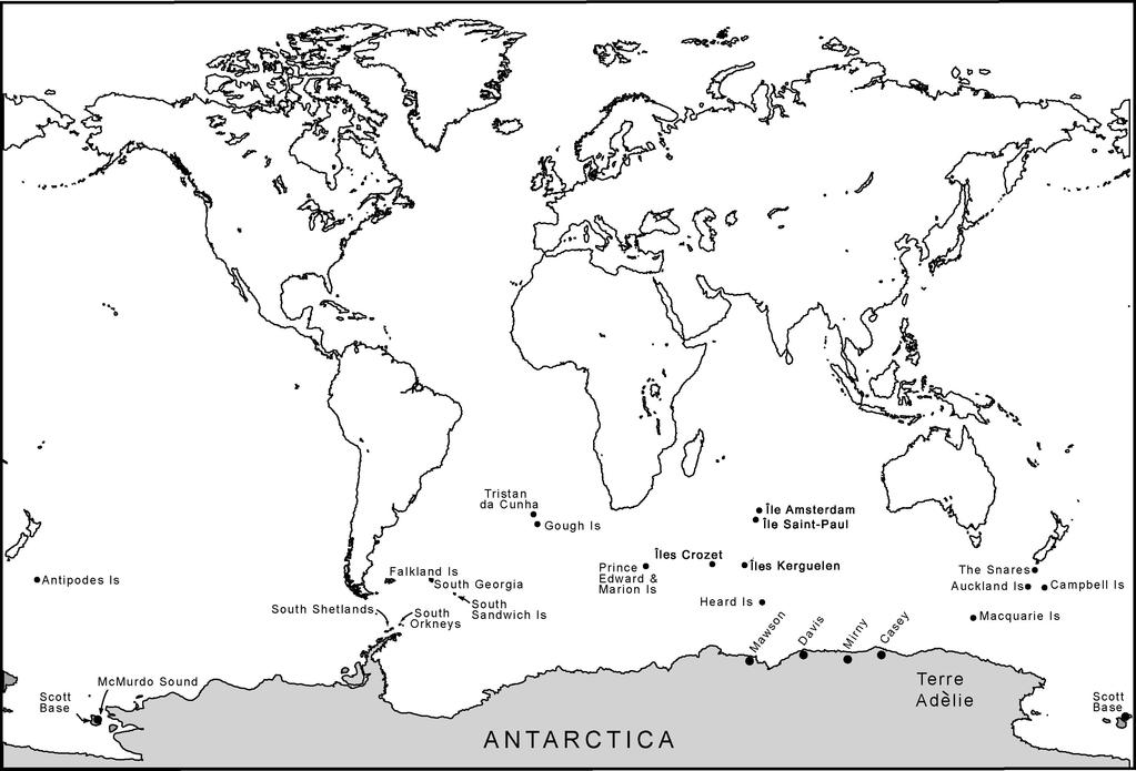 Figure 1 The subantarctic islands (drawn by Richard Barwick and reproduced from Hince, 2005) If no one lives on most of these subantarctic islands in any sustained way, where do we look to find out