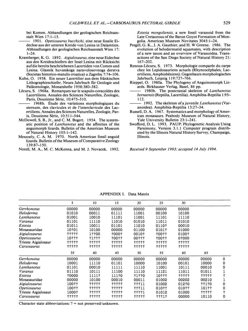CALDWELL ET AL.-CARSOSAURUS PECTORAL GIRDLE 529 bei Komen. Abhandlungen der geologischen Reichsanstalt Wien 17: 1-15. --- 1901.