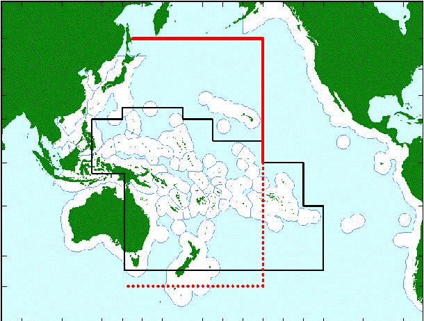 Figure 1: SPC Fisheries Statistical Area (outlined by solid black line). The red and dotted line is the proposed area to be covered by the WCP Highly Migratory Fish Stocks Convention.