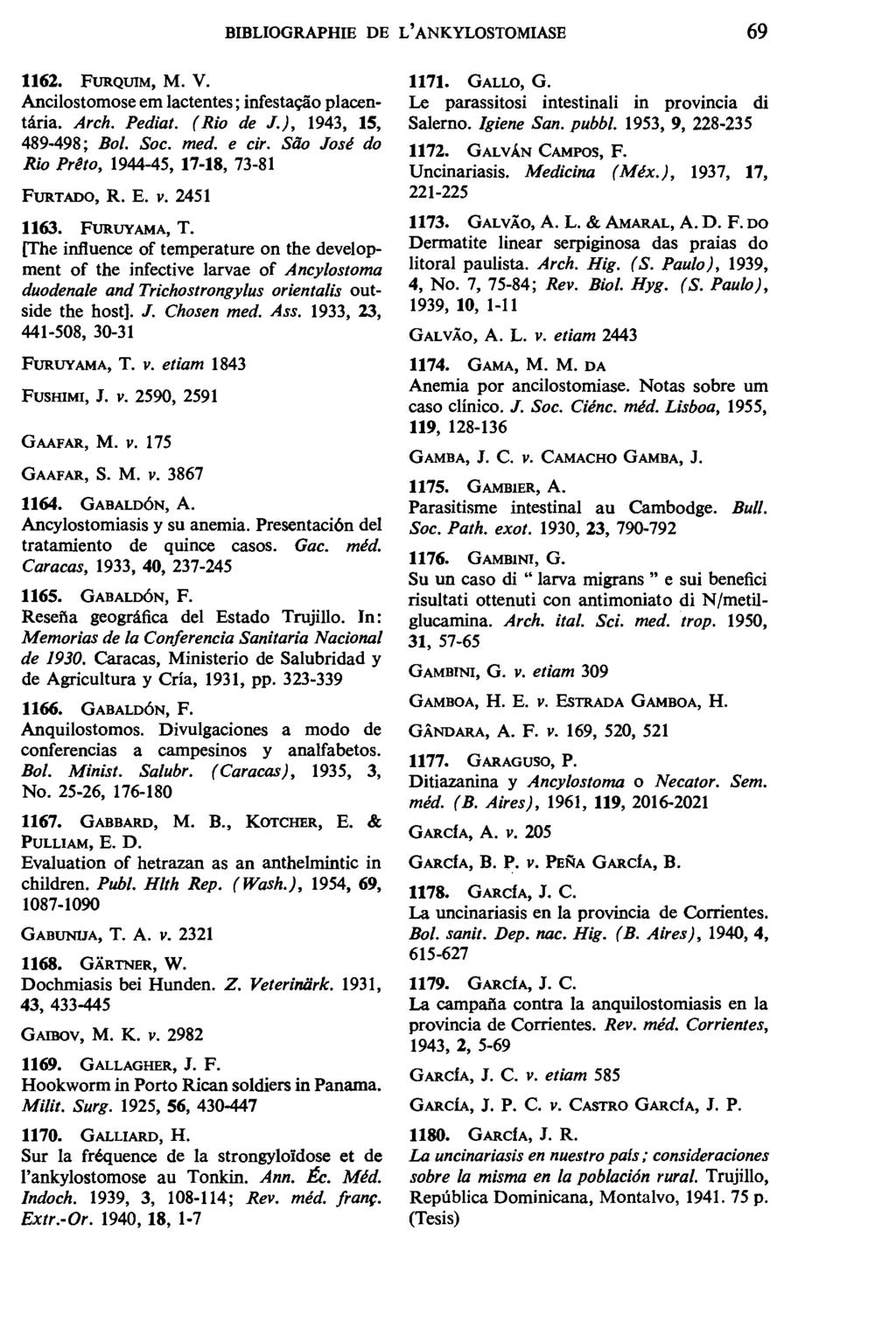 BIBLIOGRAPHIE DE L'ANKYLOSTOMIASE 69 1162. FURQUIM, M. V. Ancilostomose em lactentes; infesta~o placentaria. Arch. Pediat. (Rio de J.), 1943, 15, 489-498; Bol. Soc. med. e cir.