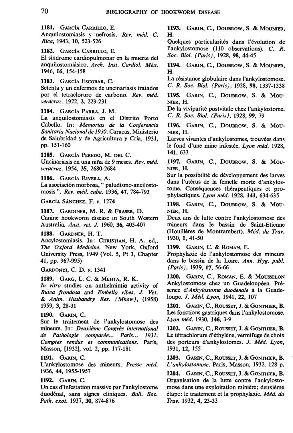 70 BIBLIOGRAPHY OF HOOKWORM DISEASE 1181. GARciA CARRILW, E. Anquilostomiasis y nefrosis. Rev. med. C. Rica, 1943, 10, 523-526 1182. GARcfA CARRILW, E.