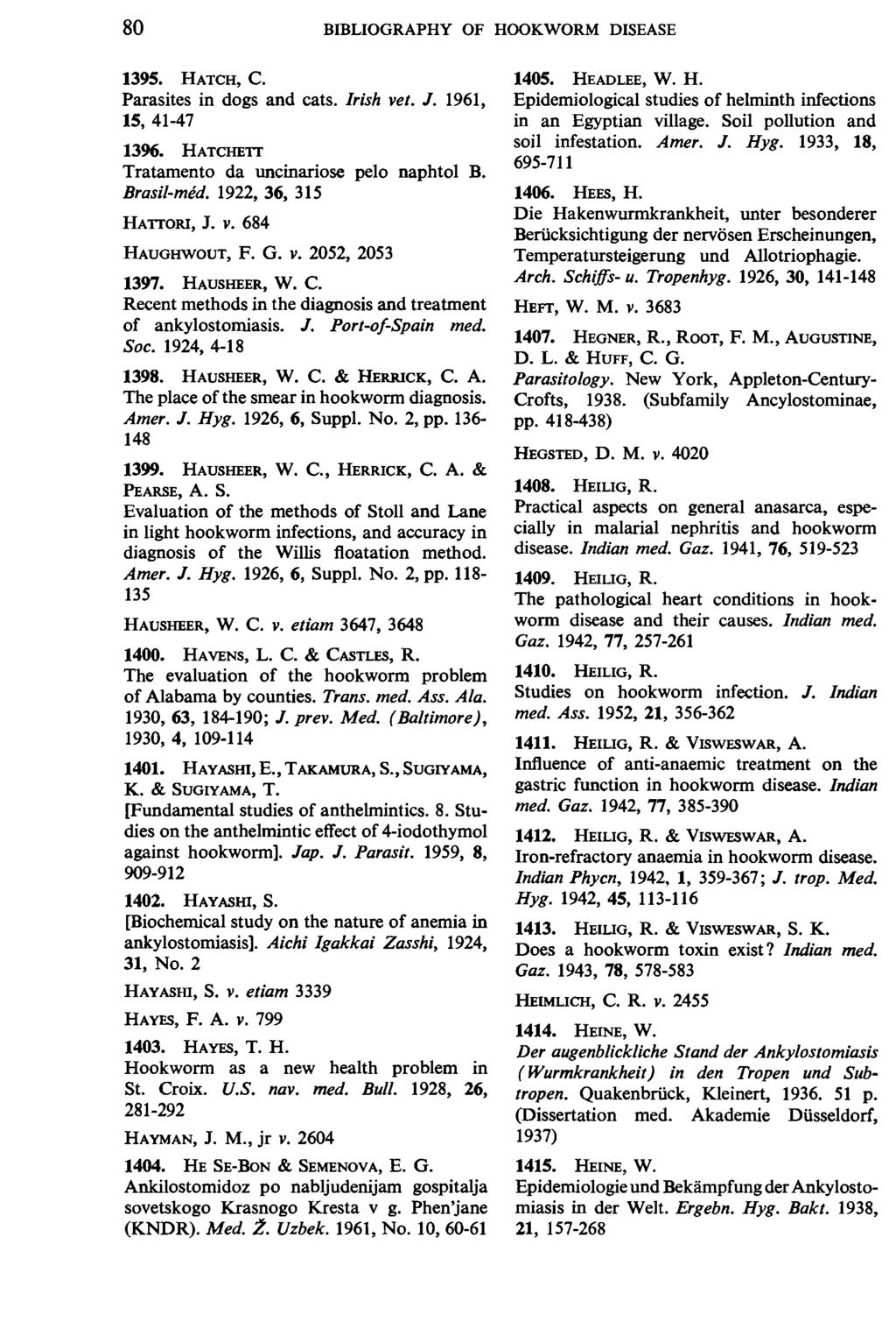 80 BIBLIOGRAPHY OF HOOKWORM DISEASE 1395. HATCH, C. Parasites in dogs and cats. Irish vet. J. 1961, 15, 41-47 1396. HATCHETT Tratamento da uncinariose pelo naphtol B. Brasil-med.