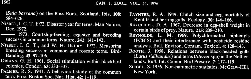 1862 CAN. J. ZOOL. VOL. 54. 1976 (Sula bassana) on the Bass Rock, Scotland. Ibis, 108: 584-626. NISBET, I. C. T. 1972. Disaster year for terns. Man Nature, Dec. 1972. 1973.