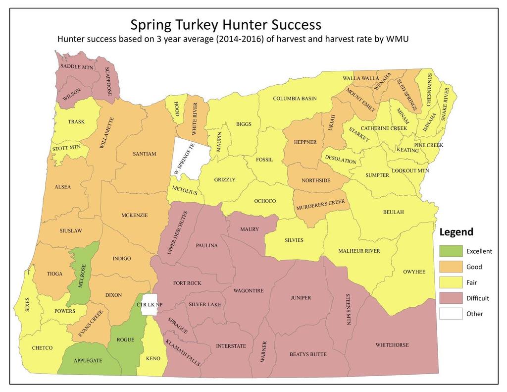 FIGURE 5. Total harvest and individual hunter success rates were used to rate turkey hunting success by wildlife management unit (WMU) in Oregon for the 2014 16 spring seasons.