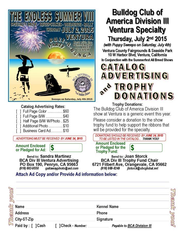 PLEASE HELP TO MAKE THIS SHOW A SUCCESS WITH YOUR SUPPORT OF ADVERTISING IN THE SHOW CATALOG AND TROPHY SUPPORT FOR THE SPECIALTY SHOW!