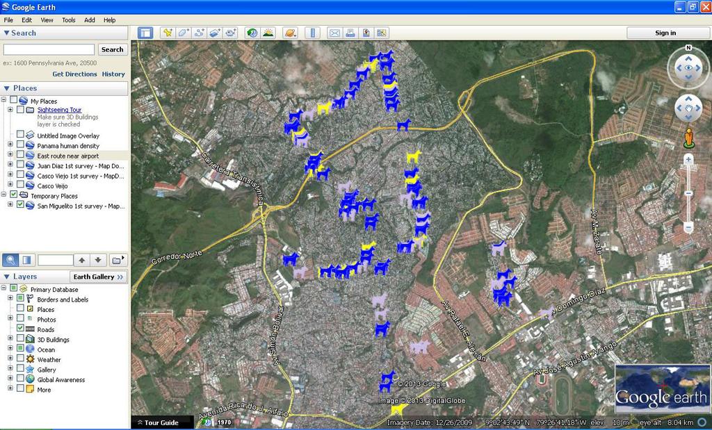 kml file of the dog sighting locations for the current survey. Double clicking that file will display those locations in GoogleEarth.
