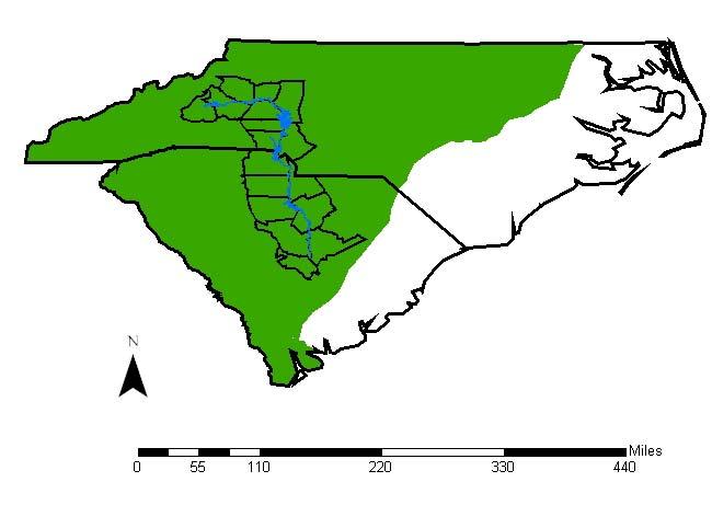 The geographic range of northern cricket frogs (green) in North and South Carolina.