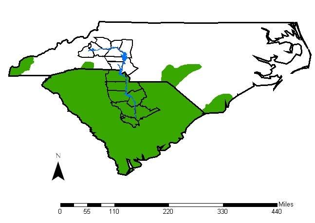 The geographic range of pine snakes (green) in North and South Carolina.