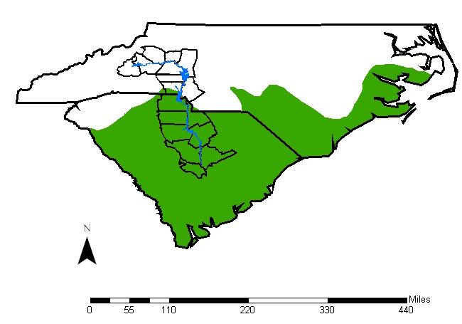 The geographic range of pigmy rattlesnakes (green) in North and South Carolina.