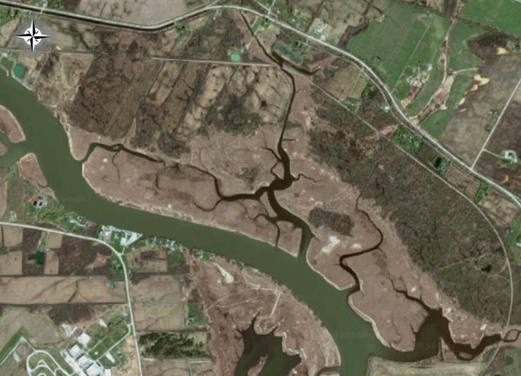 Figure 3.5: The Dunnville marsh as pictured from satellite. This figure illustrates the general area and natural land features that make up the Dunnville marsh.