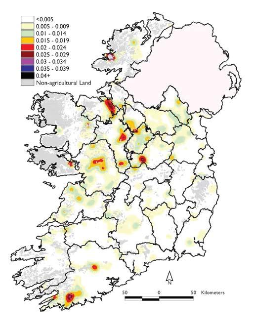 Figure 2. Density of Tuberculosis Incidence in Cattle per Square Kilometre During 2005 (Kernel Density with Search Radius at 10 km) <0.
