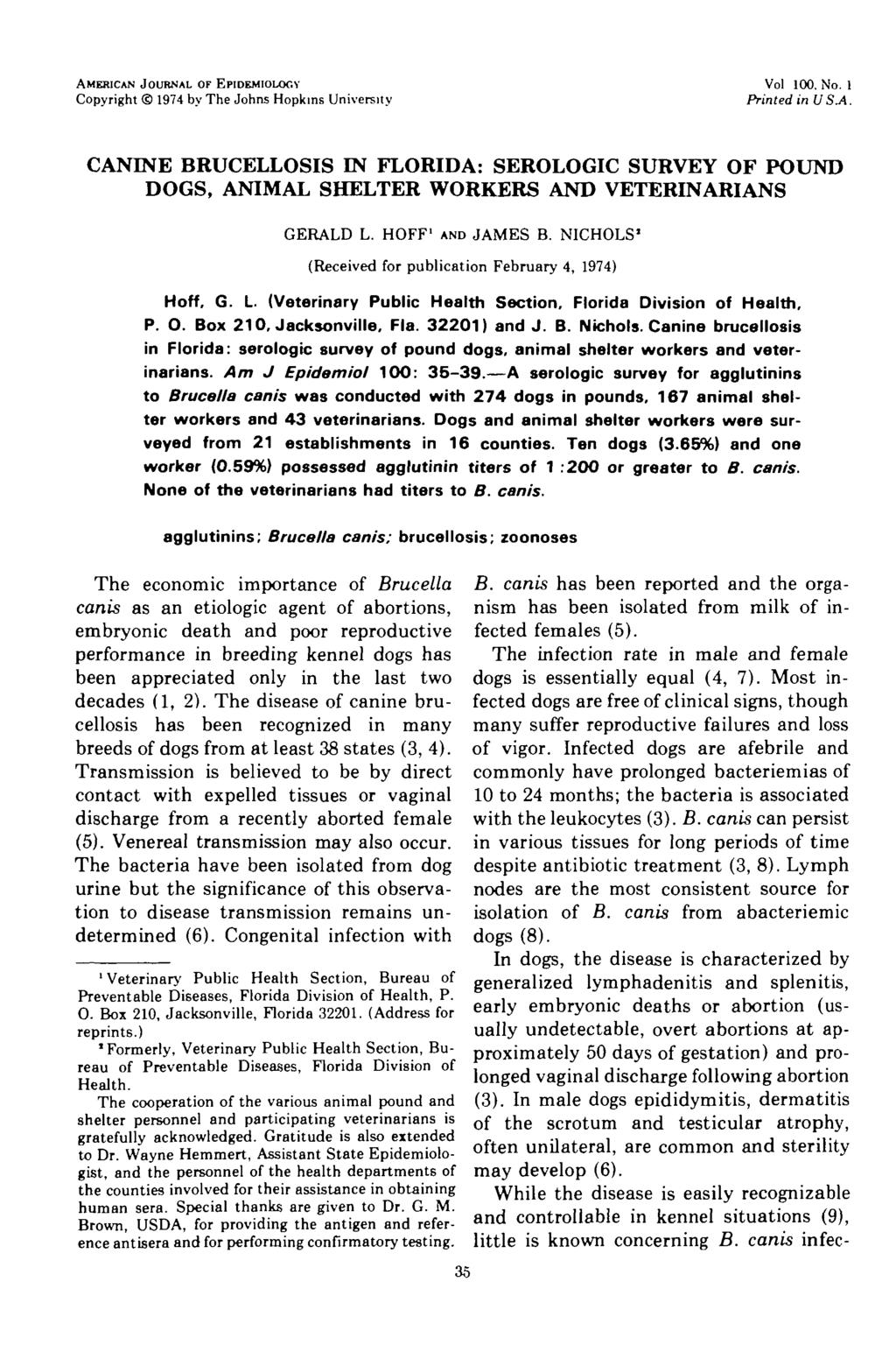 AMERICAN JOURNAL OF EPIDEMIOLOGY Copyright 97 by The Johns Hopkins University Vol, Printed in USA.