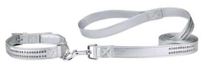 Coordinating Leads have an embedded, rhinestonestudded charm near the handle.