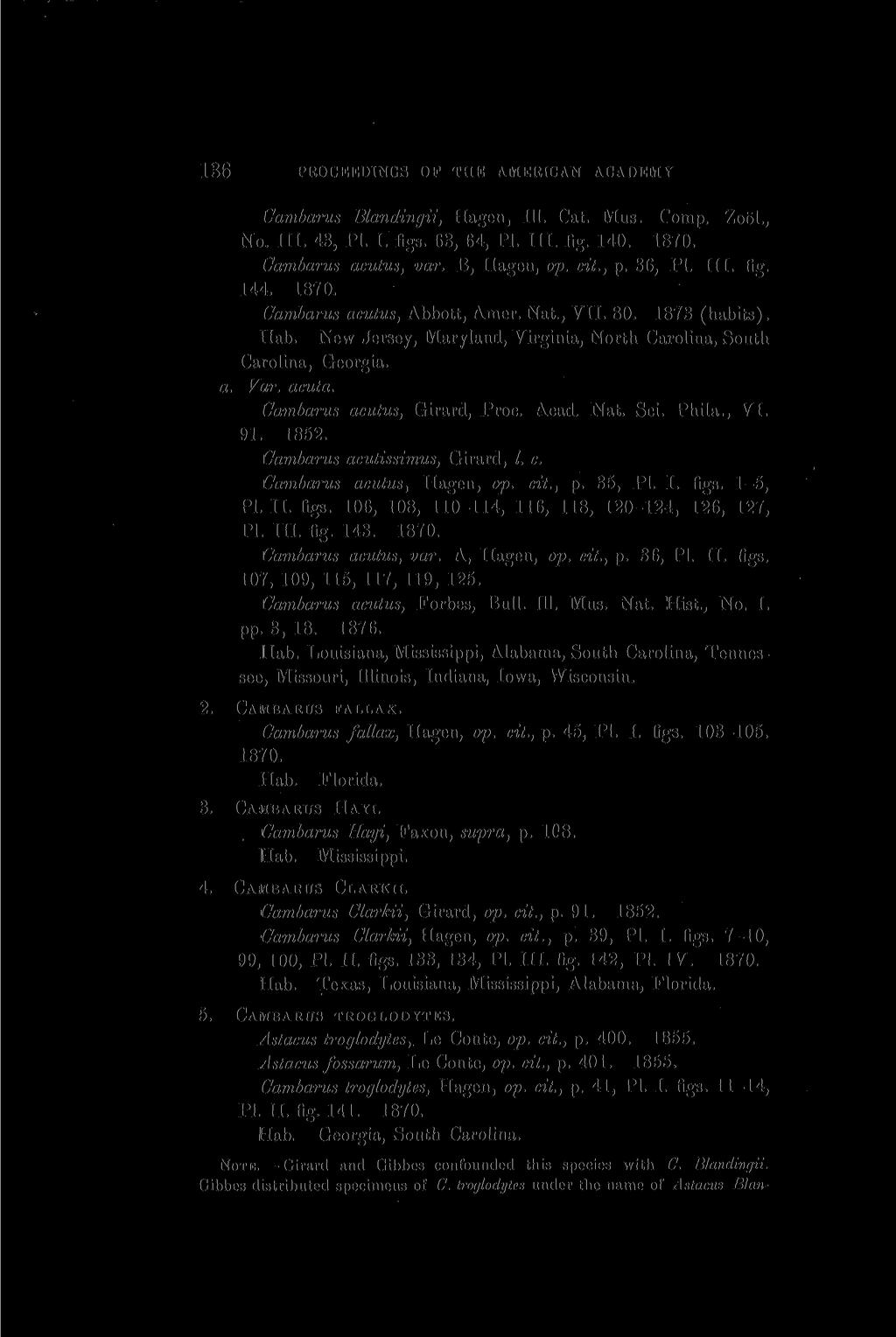 136 PROCEEDINGS OF TIIE AMERICAN ACADEMY Cambarus Blandingii, Hagen, 111. Cat. Mus. Comp. Zool., No, III. 43, PL I. figs. 63, 64, PI. III. fig. 140. 1870. Cambarus acutus, var. B, Hagen, op. cit., p.