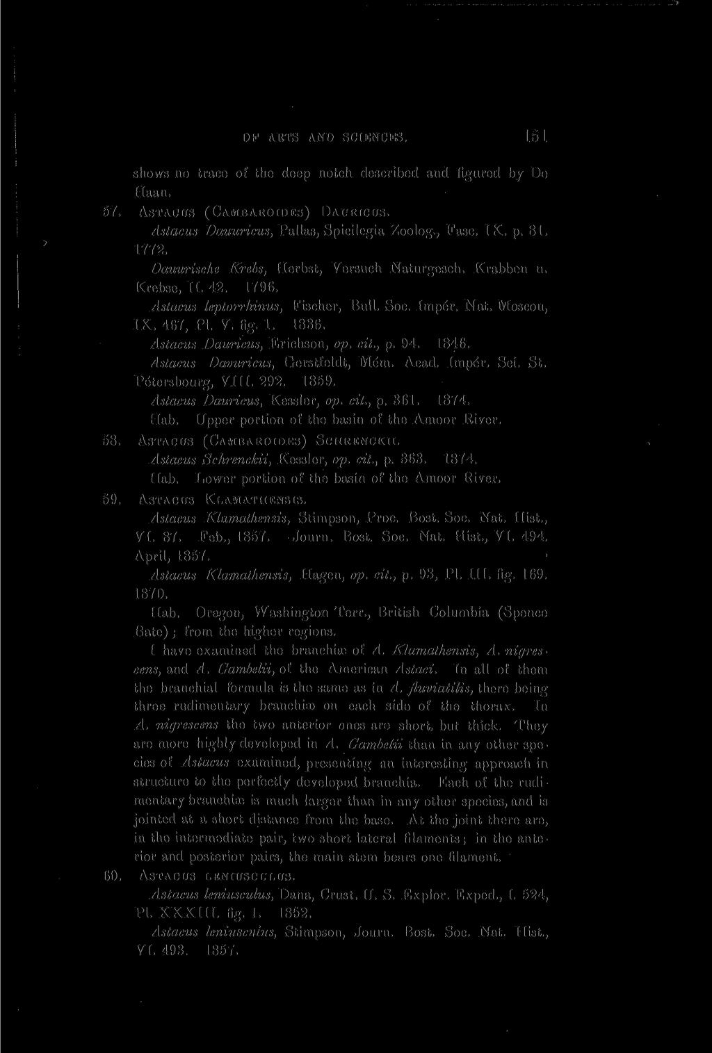 OF ARTS AND SCIENCES. 10T shows no trace of the deep notch described and figured by De Ilaan. 57. ASTACUS (CAMBAROIDES) DAURICUS. Astacus Dauuricus, Pallas, Spicilegia Zoolog., Fasc. IX. p. 81. 1772.