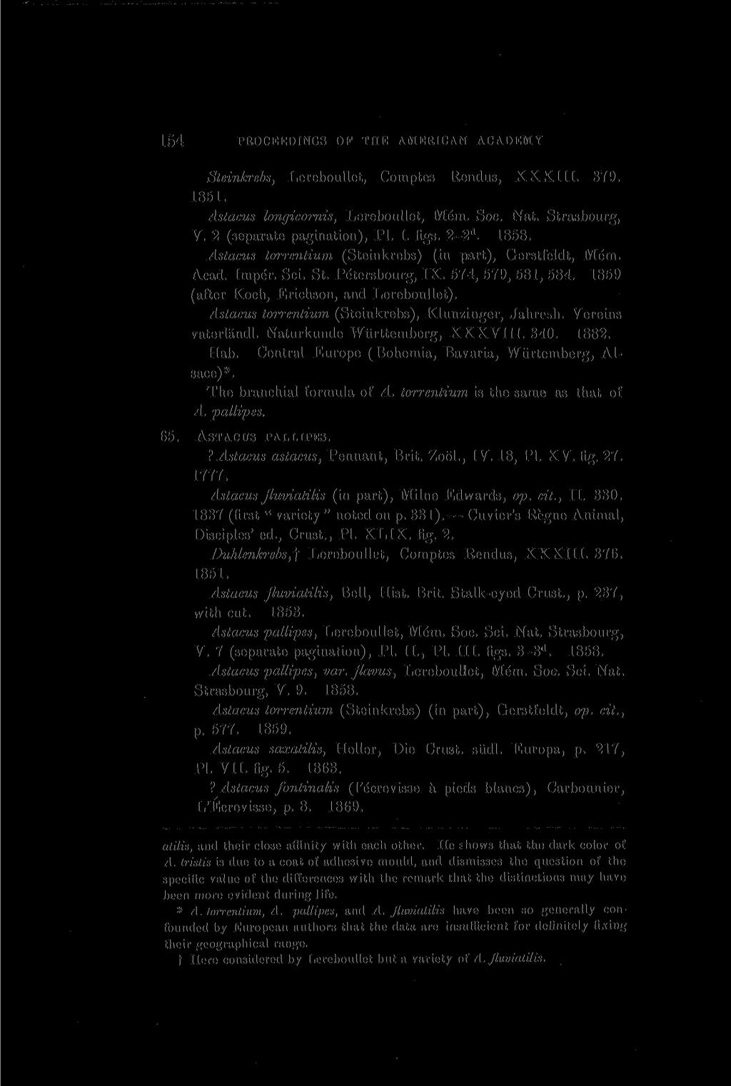 154 PROCEEDINGS OF TIIE AMERICAN ACADEMY Steinkrebs, Lereboullet, Comptes Rendus, XXXIII. 379. 1851. Astacus longicornis, Lereboullet, Mem. Soc. Nat. Strasbourg, V. 2 (separate pagination), Pl. I.