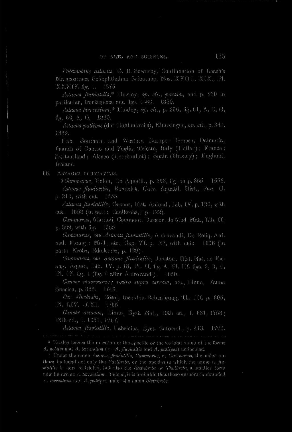 OF ARTS AND SCIENCES. 10T Potamobius astacus, G. B. Sowerby, Continuation of Leach's Malacostraca Podophthalma Britannia, Nos. XVIII., XIX., PI. XXXIV. fig. 1. 1875. Astacus fluviatilis* Huxley, op.