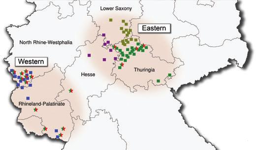 Population genetics of German wildcats 291 Fig. 8. Localities of the specimens analysed in this study and their allocation to the different populations and subpopulations.