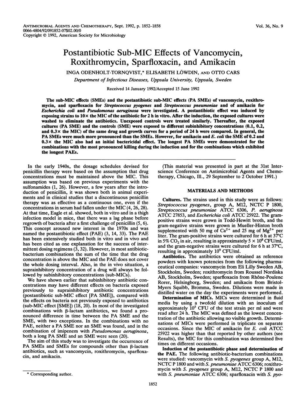 ANTIMICROBIAL AGENTS AND CHEMOTHERAPY, Sept. 1992, p. 1852-1858 0066-4804/92/091852-07$02.00/0 Copyright X) 1992, Americn Society for Microiology Vol. 36, No.