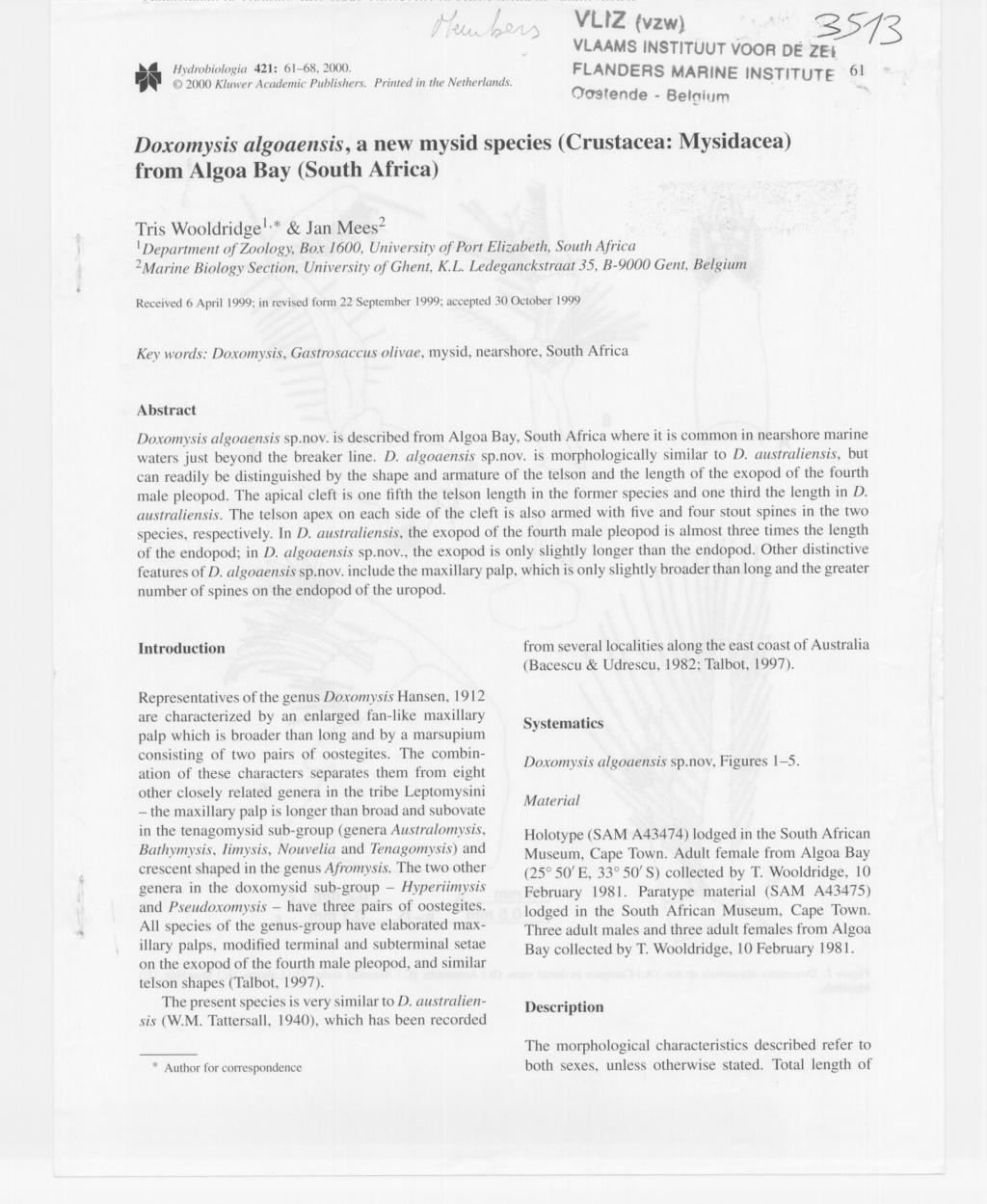 Hydrobiologia 421: 61-68,2000. @2000 KllHverAcademic Publishers. Printed in the Netherlands. Vltz (VZW)..,3513 VLAAMSINSTITUUTVOORDE Ze-.
