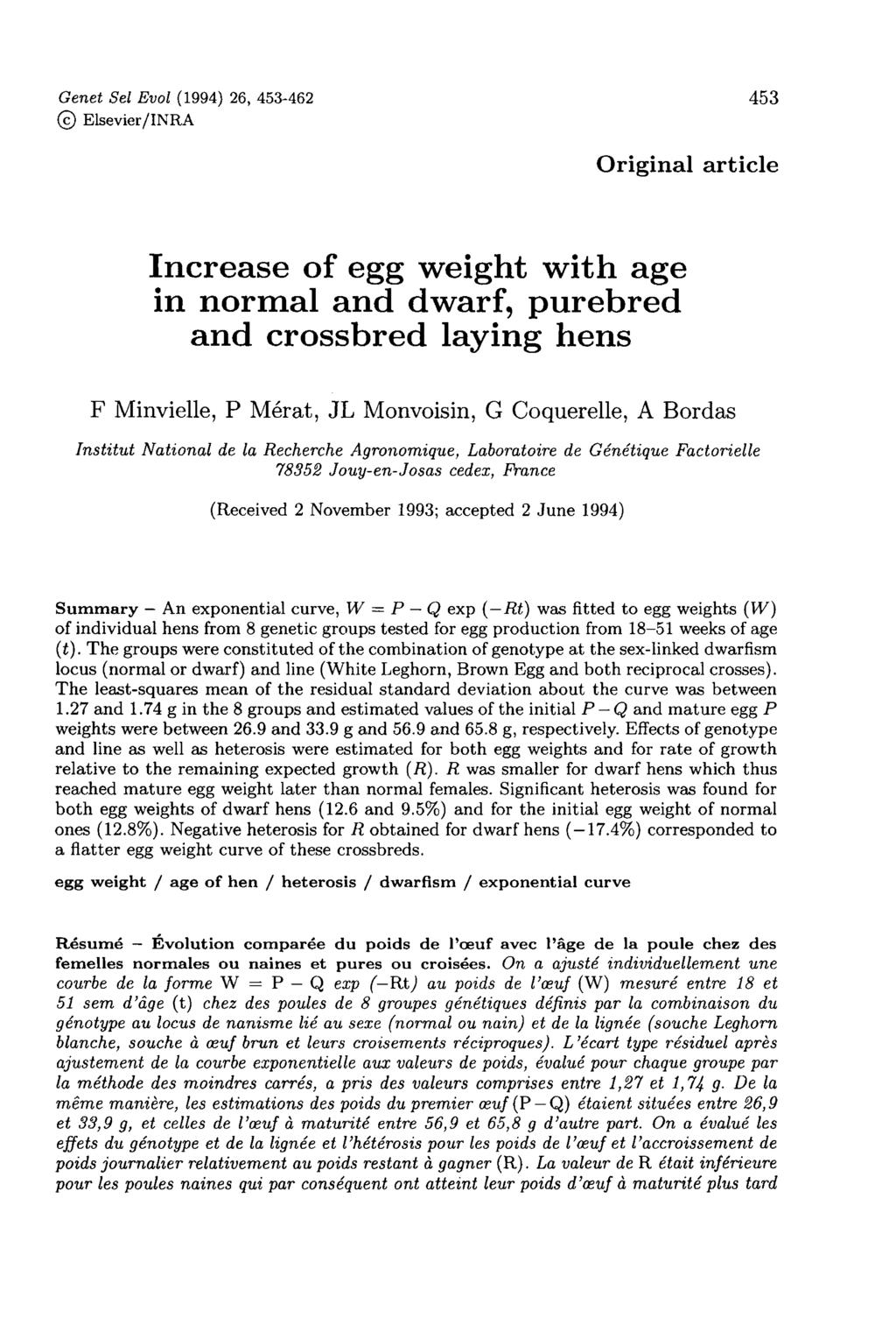 Original article Increase of egg weight with age in normal and dwarf, purebred and crossbred laying hens F Minvielle, P Mérat JL Monvoisin G Coquerelle, A Bordas Institut National de la Recherche