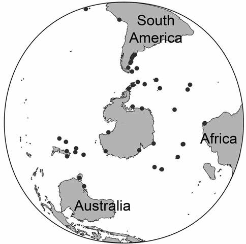 Figure 1. Map showing the 43 colonies that hold 1% or more of the global population for each species of penguin. These are the penguin hotspots of the world.