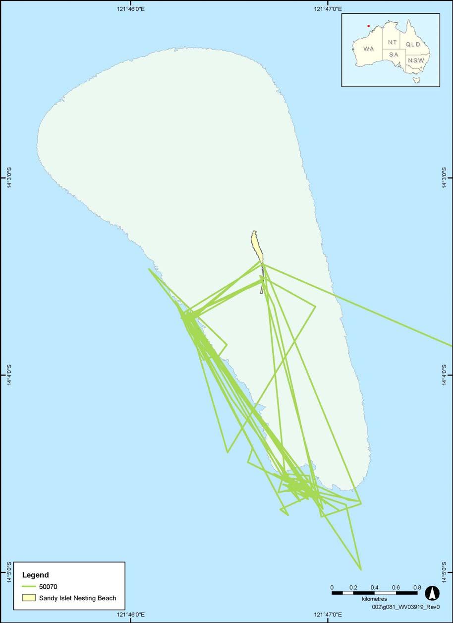 Figure 3-1: Inter-nesting movements of a green turtle (SN50070) tracked from Sandy Islet, Scott Reef (using Fastloc data).