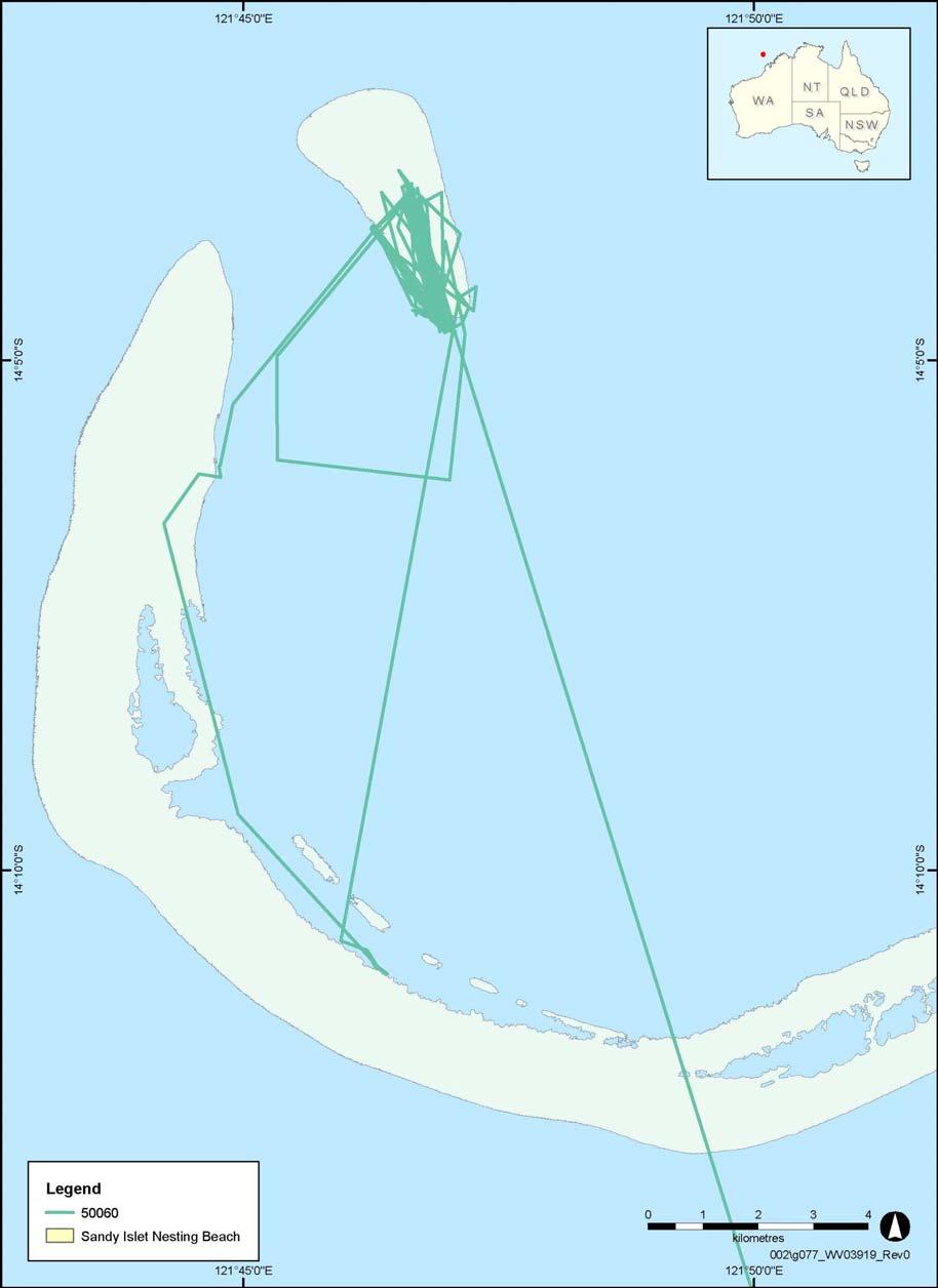 Figure 3-2: Inter-nesting movements of a green turtle (SN50060) tracked from Sandy Islet, Scott Reef (using Fastloc data).