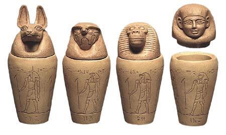 the Egyptians believed that in the afterlife it would be weighed to see whether the person had led a good life. The Canopic Jars were decorated with the heads of the four sons of Horus.