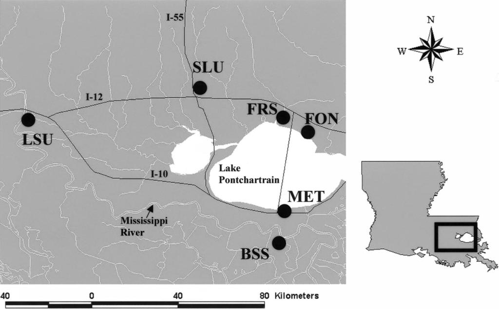 274 THE JOURNAL OF PARASITOLOGY, VOL. 87, NO. 6, DECEMBER 200 FIGURE. Map showing the 6 collection locations of Hemidactylus turcicus in southeastern Louisiana.