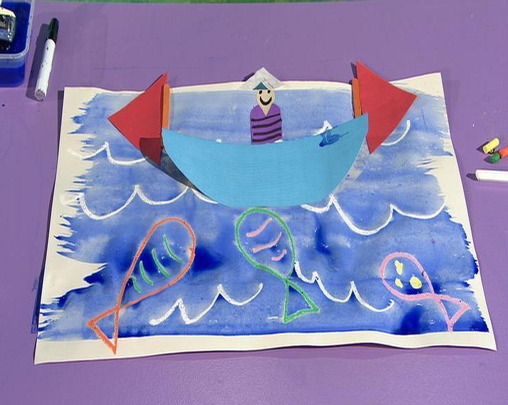 MAKE AND DO A3 paper Crayons Blue edicol wash Coloured cardboard Paste Paddle pop sticks Plain paper How to Make a Fish and Boat Picture Draw a picture of the wavy blue sea on a piece of A3 paper