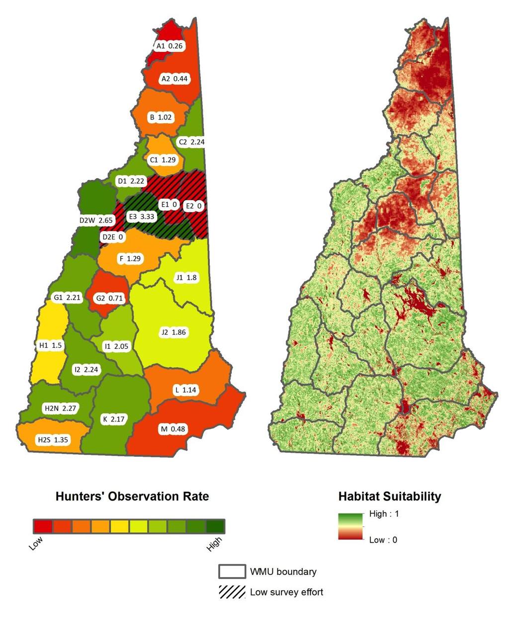 Figure 4. Hunters observation rates of bobcats from 2009 through 2012 by WMU (left) juxtaposed with the habitat suitability model (right).