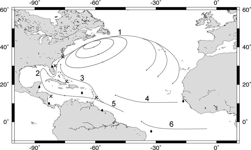 Journal of Heredity 2006:97(4) Figure 1. Map of Caribbean and Western Atlantic showing generalized current patterns and locations of nesting populations ( ) and foraging aggregations () sampled.