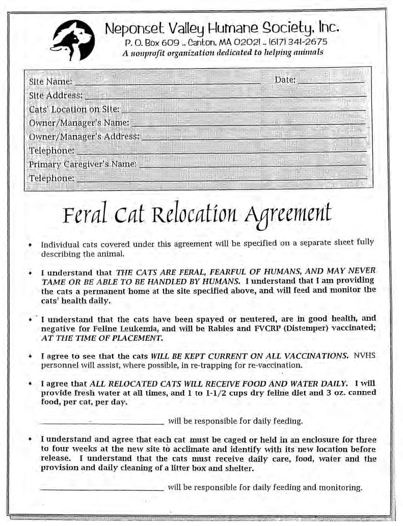 Feral Cat Relocation Agreement and Cat Record A38 How to