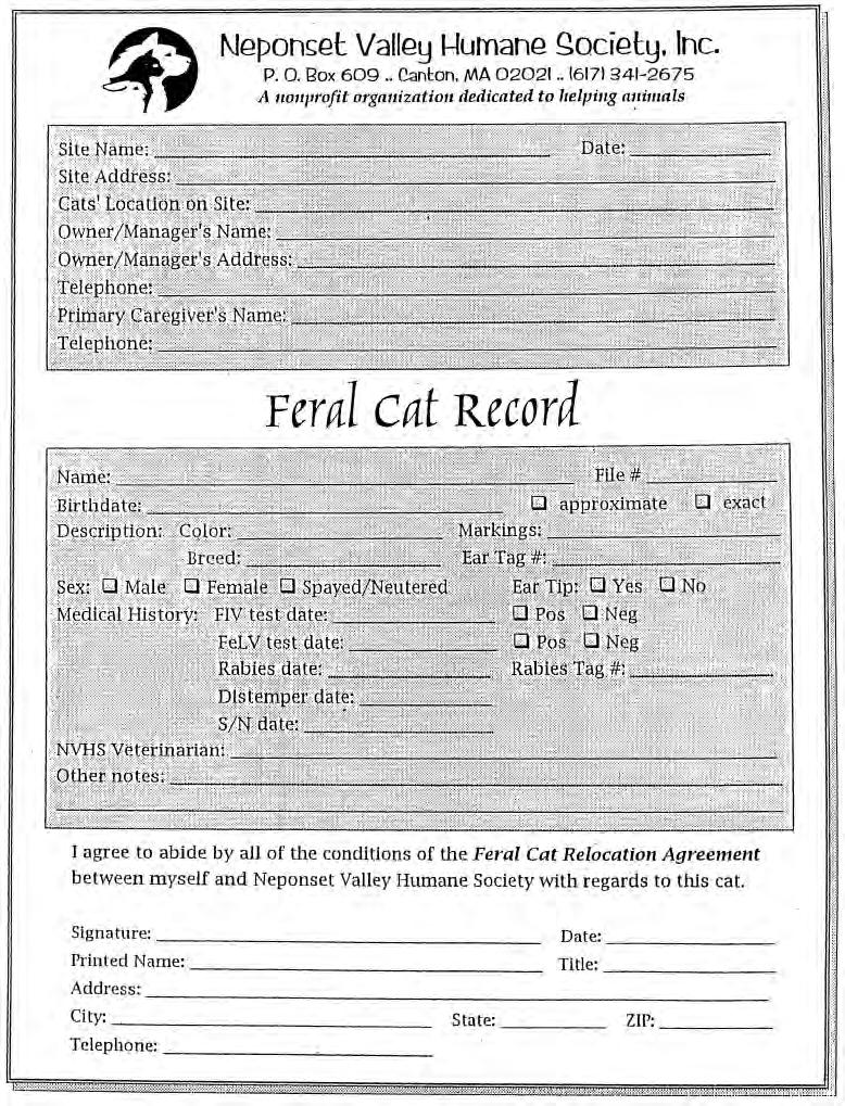 Feral Cat Relocation Agreement and Cat Record A40 How to