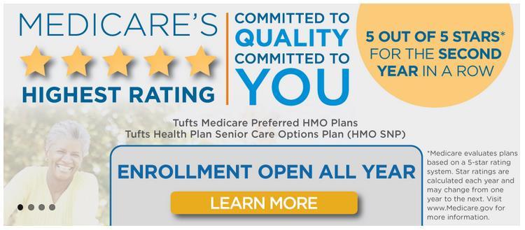 Tufts Medicare Preferred HMO plans and the Tufts Health Plan Senior Care Options Plan earned a 5 out of 5 Star Rating from Medicare