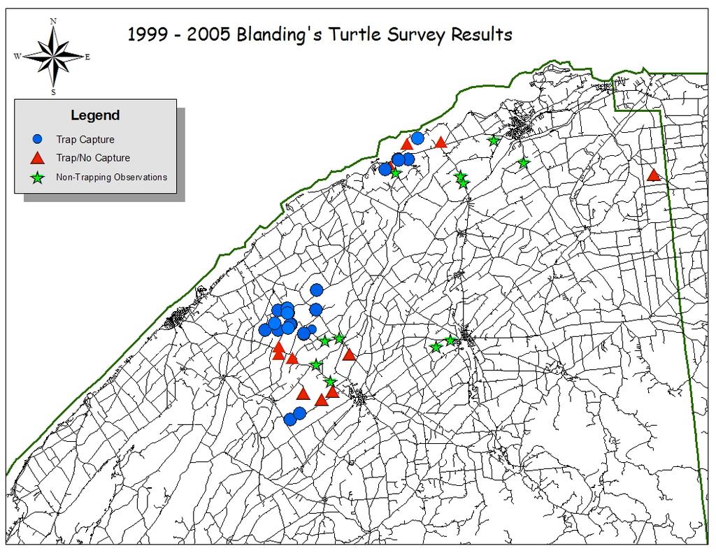 Figure 9. Distribution of Blanding s Turtle in Saint Lawrence County from annual surveys during 1999-2005 modified from Johnson et al. 2005.