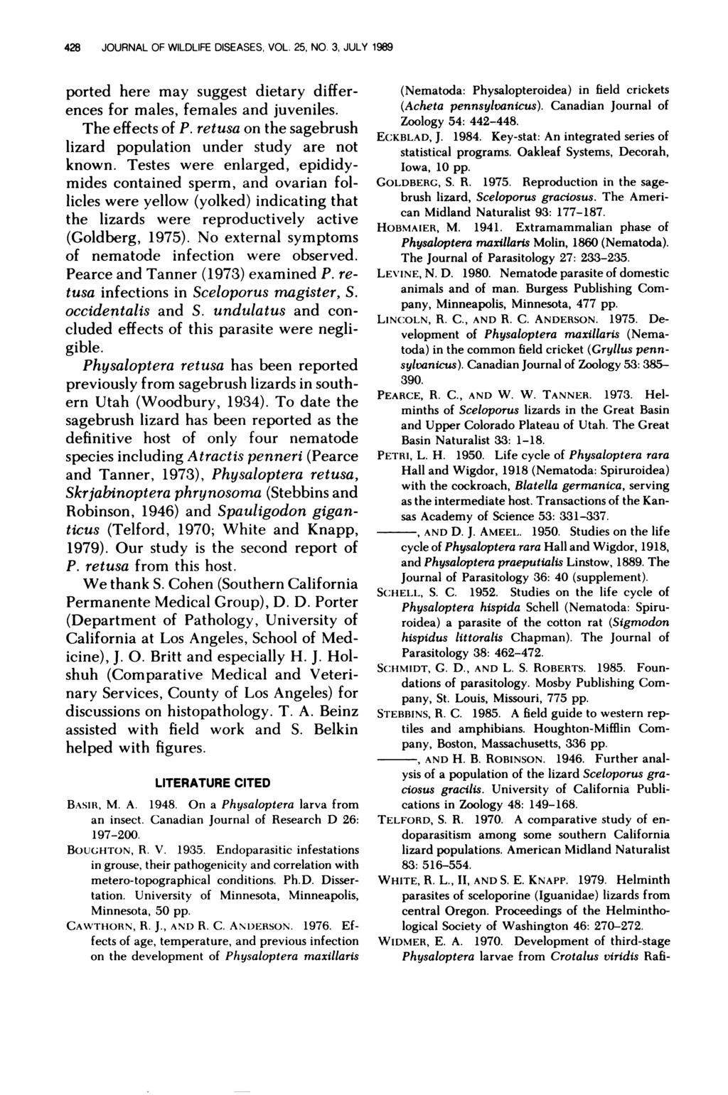 428 JOURNAL OF WILDLIFE DISEASES. VOL. 25, NO. 3, JULY 1989 ported here may suggest dietary differences for males, females and juveniles. The effects of P.