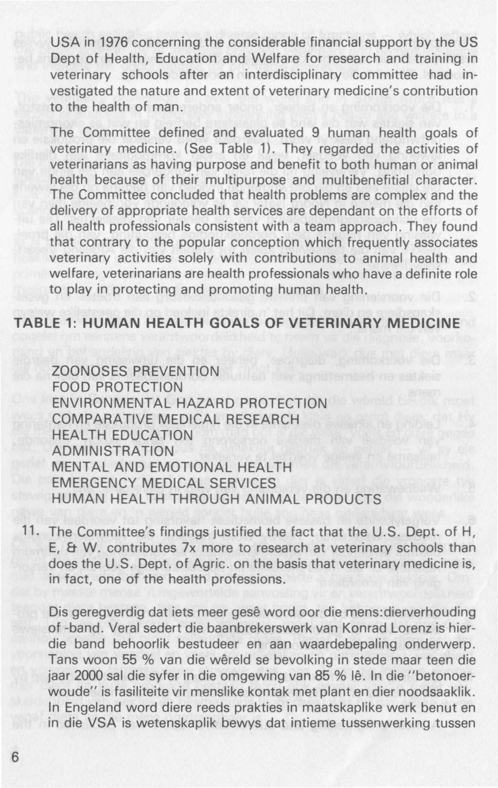 USA in 1976concerning the considerable financial support by the US Dept of Health, Education and Welfare for research and training in veterinary schools after an interdisciplinary committee had