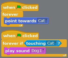 This script uses new blocks. «Forever if» and a light blue block «touching the Cat».