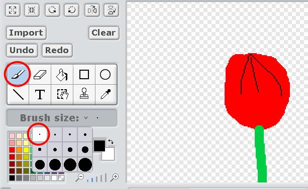 Before starting drawing change the scale. Click on the small blue stick. Then choose the brush and change the size of the brush.