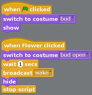 Now make a program for the Flower. We will use the block «when flower clicked» and «broadcast» in it for the first time. Let's broadcast the event «woke up».