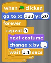 The block «change x by -1» means movement to the left. The block «go to x:180 y:20» means moving to the right side of the screen.