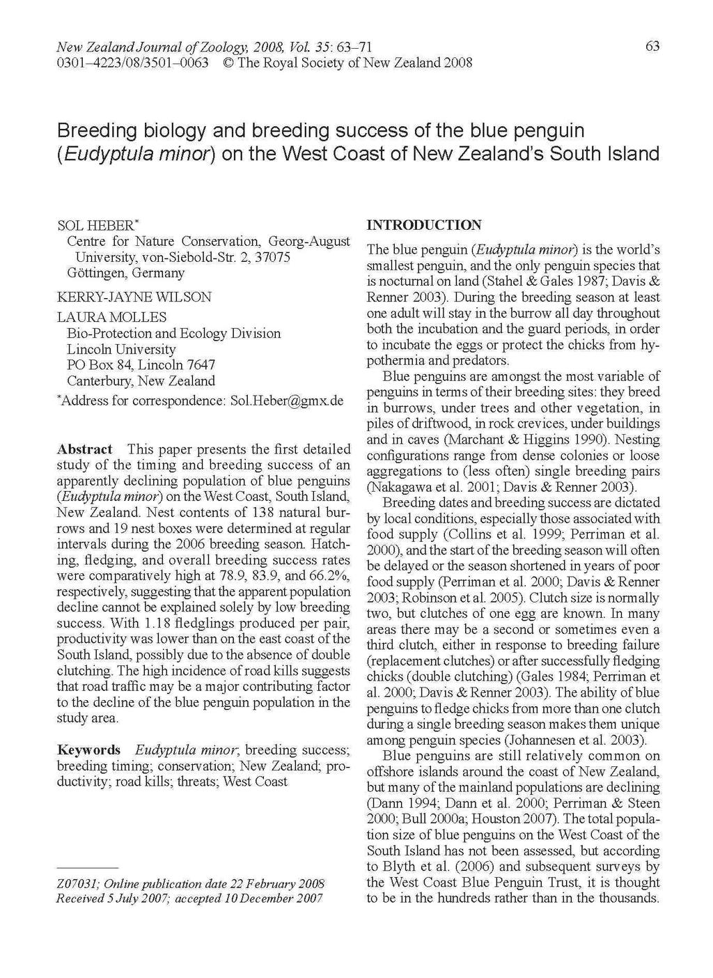 New Zealand Journal of Zoology, 2008, Vol.