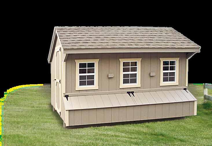 7 7x12 Quaker 101 high - 8 off ground 12 nesting boxes Clay siding with beige trim Weather gray shingles Shown