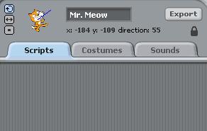 Meow from the Sprites Area, then click Scripts tab. From the Tool Box, click the Control button.
