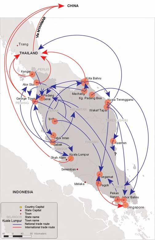 Figure 25 Map of Malaysia with the political boundaries of the states wherein national trade routes are indicated by blue arrows and international ones by red arrows.