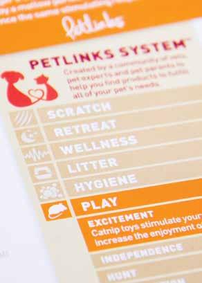 THE PETLINKS SYSTEM Created in consultation with veterinarians, pet experts and pet parents, the Petlinks System identifies six core needs of dogs and cats that are divided into color coded sub-needs.