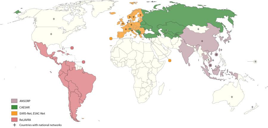 FIGURE 2: Countries and regions that currently support antimicrobial surveillance networks (Source: CDDEP) (1,22,24 30) resistance (25,33).
