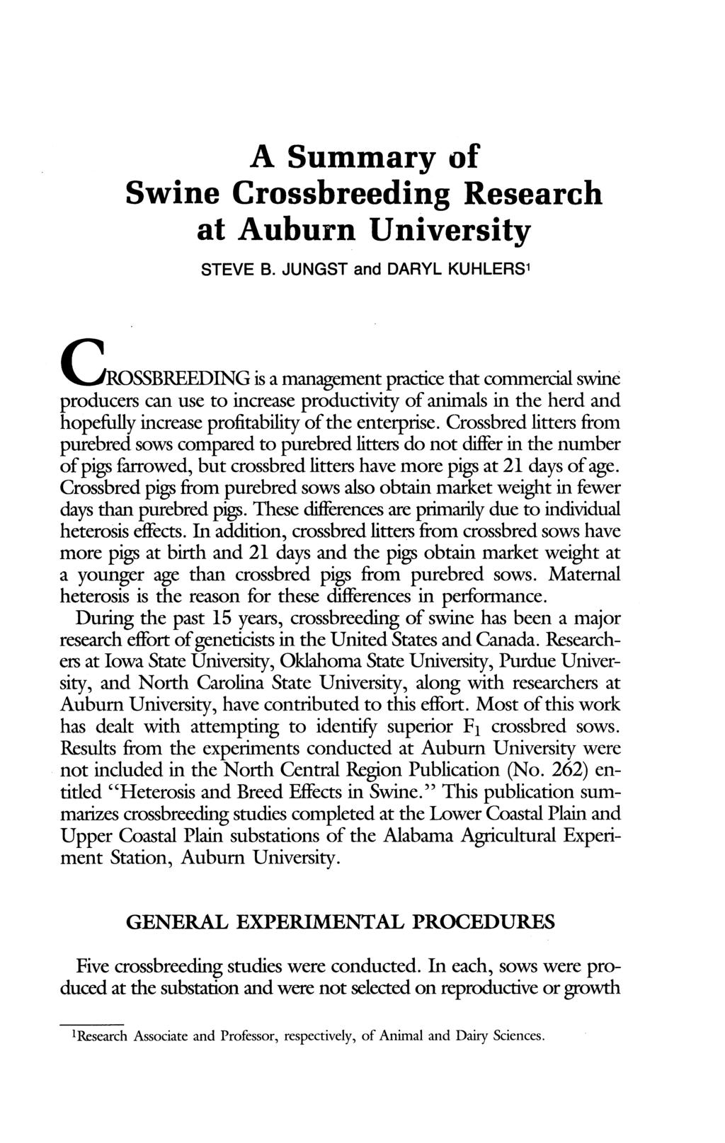 A Summary of Swine Crossbreeding Research at Auburn University STEVE B.